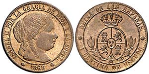 1868. Isabel II. Barcelona. . 1 céntimo de ... 