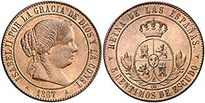 1867. Isabel II. Segovia. . 5 céntimos de ... 