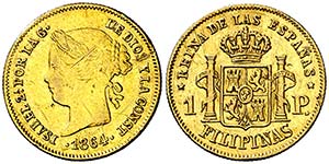 1864. Isabel II. Manila. 1 peso. (Cal. 146). ... 