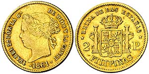1861. Isabel II. Manila. 2 pesos. (Cal. ... 
