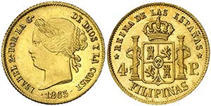 1865. Isabel II. Manila. 4 pesos. (Cal. ... 