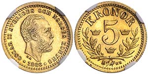 1886. Suecia. Óscar II. EB. 5 coronas. (Fr. ... 