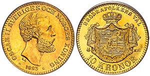 1883. Suecia. Óscar II. EB. 10 coronas. ... 