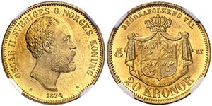 1874. Suecia. Óscar II. ST. 20 coronas. ... 