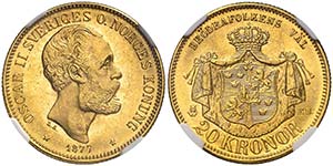 1877. Suecia. Óscar II. EB. 20 coronas. ... 