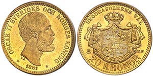 1881. Suecia. Óscar II. EB. 20 coronas. ... 