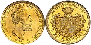 1884. Suecia. Óscar II. EB. 20 coronas. ... 