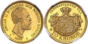 1895. Suecia. Óscar II. EB. 20 coronas. ... 