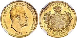 1902. Suecia. Óscar II. EB. 20 coronas. ... 