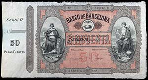 18...(1868). Banco de Barcelona. 50 pesos ... 