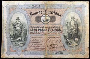 1867. Banco de Barcelona. 100 pesos fuertes. ... 