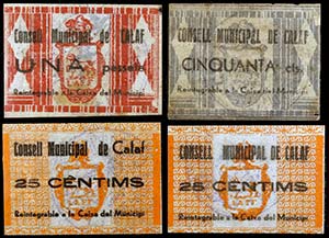 Calaf. 25 (dos), 50 céntimos y 1 peseta. ... 
