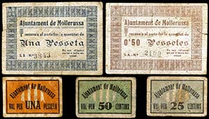 Mollerusa. 25, 50 céntimos (dos) y 1 peseta ... 