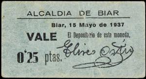 Biar (Alicante). Alcaldía. 25 céntimos. ... 
