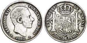 1882. Alfonso XII. Manila. 50 centavos. ... 