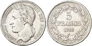 1848. Bélgica. Leopoldo I. 5 francos. (Kr. ... 
