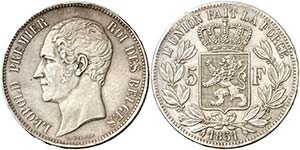 1851. Bélgica. Leopoldo I. 5 francos. (Kr. ... 