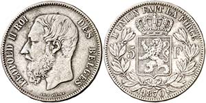 1870. Bélgica. Leopoldo II. 5 francos. (Kr. ... 