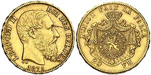 1875. Bélgica. Leopoldo II. 20 francos. ... 
