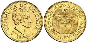 1924. Colombia. 2 1/2 pesos. (Fr. 116) (Kr. ... 