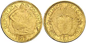 1913. Colombia. 5 pesos. (Fr. 110) (Kr. ... 