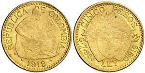 1919. Colombia. 5 pesos. (Fr. 110) (Kr. ... 