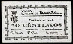 Montalbán (Teruel). 50 céntimos (dos) y 1 ... 