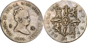 1858. Isabel II. Barcelona. 2 maravedís. ... 