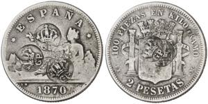 1870. Gobierno Provisional. DEM. 2 pesetas. ... 