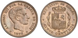 1877. Alfonso XII. Barcelona. OM. 5 ... 