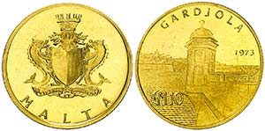 1973. Malta. 10 liras. (Fr. 54) (Kr. 21). ... 