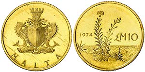 1974. Malta. 10 liras. (Fr. 57) (Kr. 26). ... 