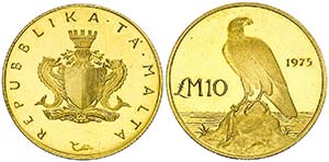 1975. Malta. 10 liras. (Fr. 60) (Kr. 34). ... 