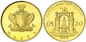 1973. Malta. 20 liras. (Fr. 53) (Kr. 22). ... 