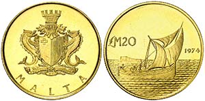 1974. Malta. 20 liras. (Fr. 56) (Kr. 27). 6 ... 