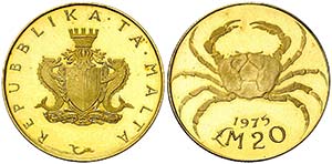 1975. Malta. 20 liras. (Fr. 59) (Kr. 37). ... 
