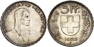 1922. Suiza. B (Berna). 5 francos. (Kr. 37). ... 