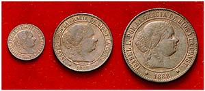 1868. Isabel II. 3 monedas: 1/2 céntimo de ... 