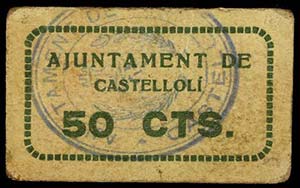 Castellolí. 50 céntimos (tres) y 1 peseta ... 