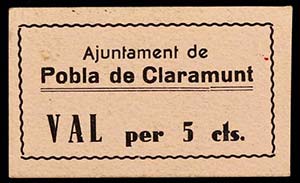 Pobla de Claramunt. 5, 10, 25, 50 céntimos ... 