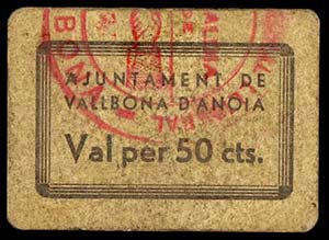 Vallbona dAnoia. 25, 50 céntimos (dos) y 1 ... 