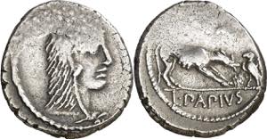 (hacia 45 a.C.). Gens Papia. Denario. (Bab. ... 