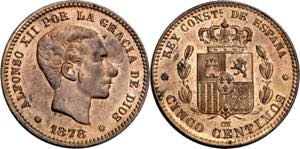 1878. Alfonso XII. Barcelona. OM. 5 ... 