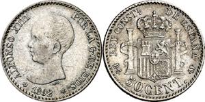 1892/89*92. Alfonso XIII. PGM. 50 céntimos. ... 