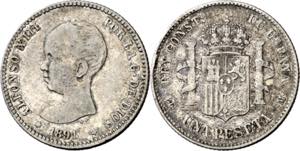 1891*--91. Alfonso XIII. PGM. 1 peseta. (AC. ... 