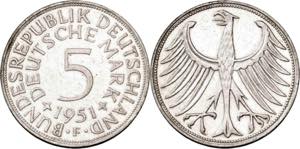 Alemania. 1951. F (Stuttgart). 5 marcos. ... 