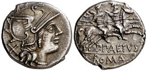 (hacia 138 a.C.). Gens Aelia. Denario. (Bab. ... 