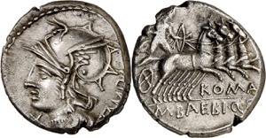 (hacia 137 a.C.). Gens Baebia. Denario. ... 