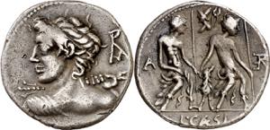 (hacia 112-111 a.C.). Gens Caesia. Denario. ... 