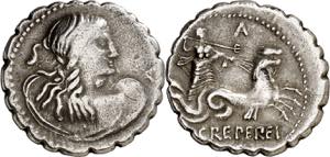 (hacia 72 a.C.). Gens Crepereia. Denario. ... 